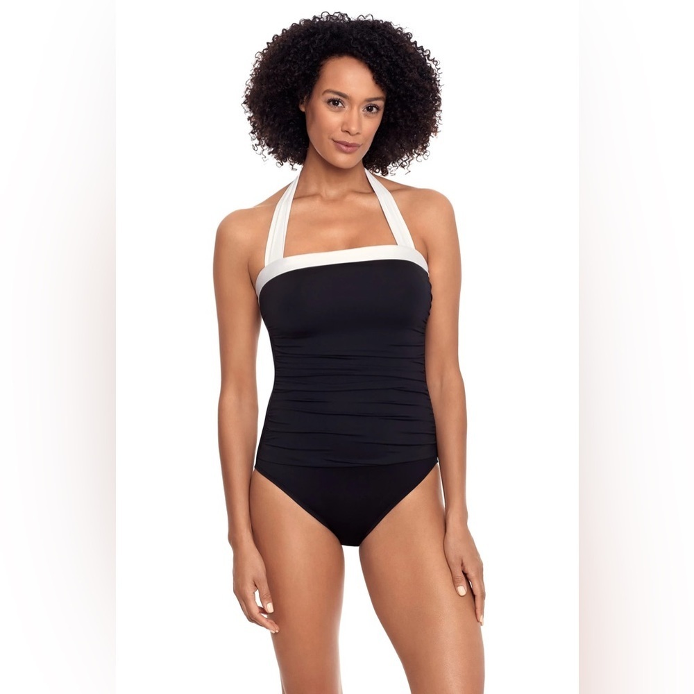 Lauren Ralph Lauren Bandeau Halter Black White Trim One Piece Swimsuit Size 12